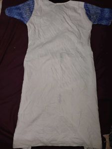 White Cotton Kurti with Blue Block Print Sleeve