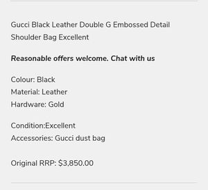 Rare GUCCI BLACK LEATHER DOUBLE G EMBOSSED  Bag