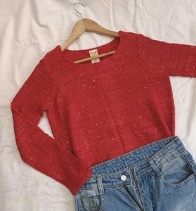 Red Knit Long Sleeve Top