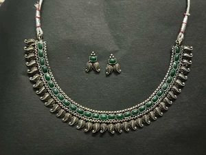 Green Silver Oxidised Necklace Set