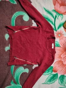 Maroon Winter Sweater Top With Zip Detailing