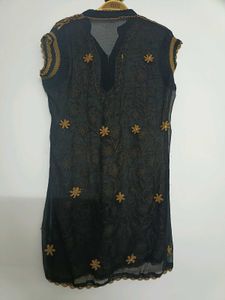 BlackGeorgette Kurti with Golden Floral Embroidery