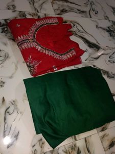 Red Embroidered Kurti with Green Pants