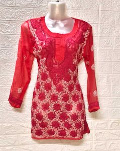 Hand Chikankari Tamato Red Top/ Short Kurta