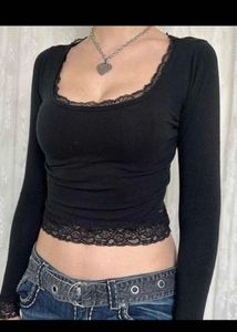 Black Lace Trim Long Sleeve Top