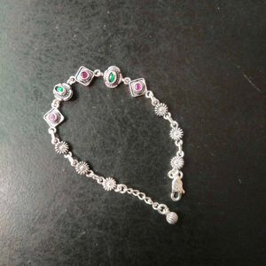 Pure Silver Antique Oxidised Pink&Green CZ Bracele