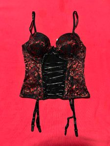 Black &amp; Red Lace Corset Bustier with Garter Straps