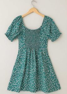 Teal Floral Smocked Mini Dress with Puff Sleeves