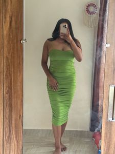 Green Ruched Bodycon Midi Dress