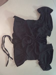 Black Ruffled Pull Up String Crop Top