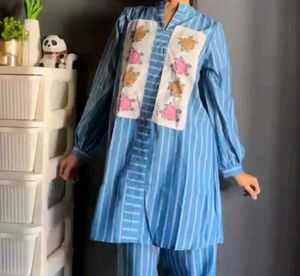 Blue Striped Floral Embroidered Pajama Set