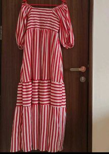 Red &amp; White Striped Puff Sleeve Maxi Dress