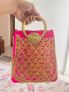 Heavy Pink Embroidered Gota patti Potli Bag
