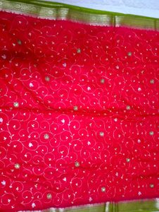 Red &amp; Green Saree with Gold Like Detail