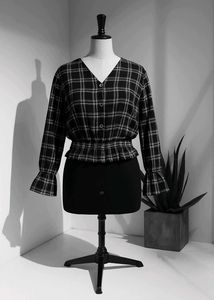 Plaid Top with Ruffle Sleeves