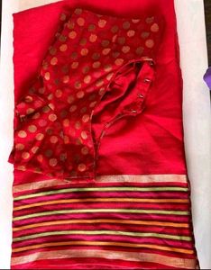 Red Saree With Polka Dot Blouse