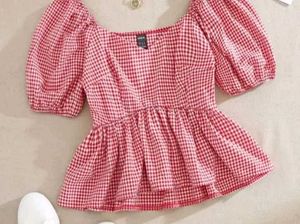 Red Gingham Puff Sleeve Top