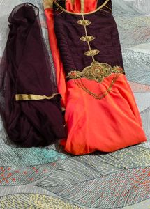 Burgendy And Orange Gown With Dupatta