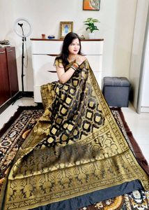 Golden Zari Weaving Black South Silk Saree