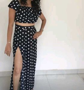 Polka Dot Crop Top &amp; LONG SLIT SKIRT Set