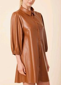 Chic Brown Faux Leather Shirt Dress