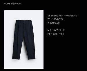 Zara Navy Seersucker Pleated Trousers