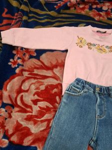 Girls Clothing Set – Pink Full Sleeve Top + Jeans