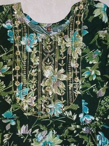 Kurti Dark Green With Some Blue Flowers