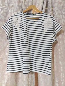 B&W Striped Tee with Lace Detail