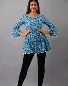 Blue Floral Tiered Top with Pom-Pom Trim