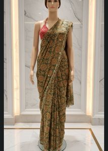 Elegant Olive Green Floral Saree