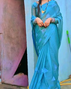 Elegant Blue Printed Saree with stitch full sleeve