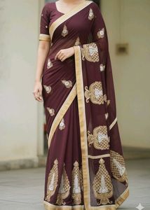 Embroidered marron Saree attach bouse Pisce