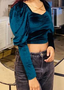 Velvet Puff Sleeve Crop Top