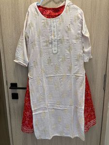 White Kurta With Bandhani Skirt