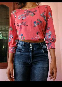 Floral Print Top With Denim Jeans