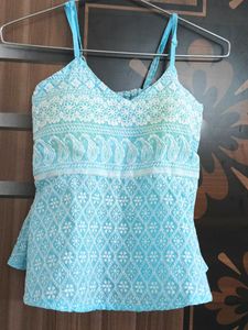 Light Blue Embroidered Cotton Kurti