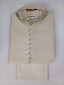 Kurta Chudidar Set (Cream-Handwork On Collar)