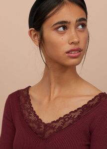H&amp;M Maroon Ribbed Top with Lace