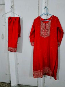 Red Embroidered Kurta Pant Set
