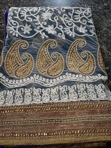 Heavy Saree White And Blue