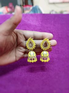 Party Wear Yellow Jumka Ear Rings