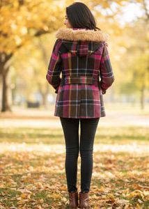 Plaid Fur Trim Coat