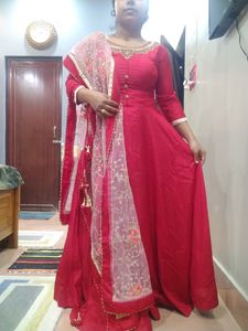 RED ANARKALI FLARED GOWN WITH EMBROIDERED DOPATTA