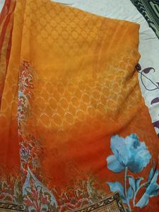 Orange Floral Print Saree
