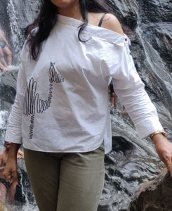 One Side Off Shoulder White Cotton Top