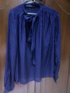 Zara - Navy Polka Dot Tie Neck Blouse