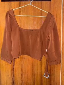 Brown Belted Crop Top