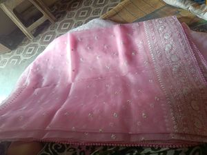 NewPink Embroidered Saree With White Blouse Piece