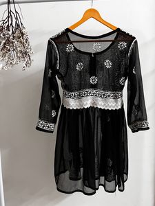 New Black Net Embroidered Kurti